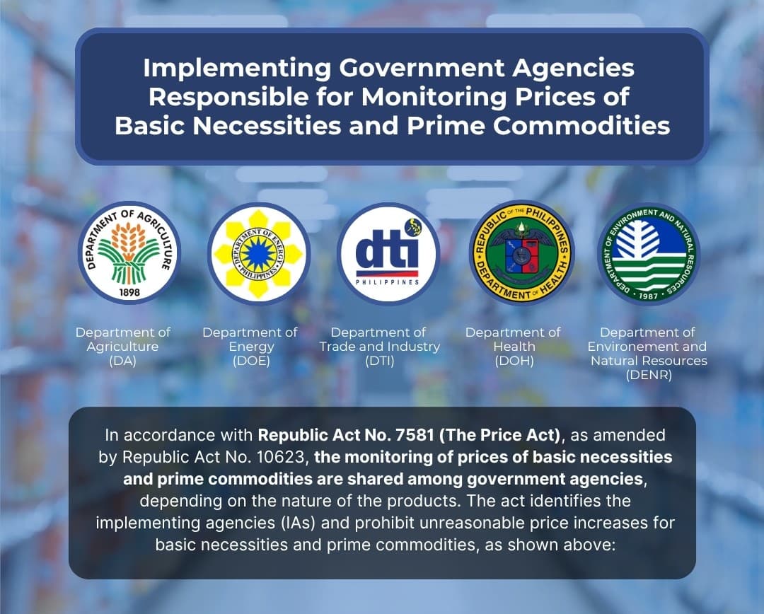Implementing Government Agencies Responsible for Monitoring Prices of Basic Necessities and Prime Commodities under Republic Act No. 7581. Agencies include the Department of Agriculture (DA), Department of Energy (DOE), Department of Trade and Industry (DTI), Department of Health (DOH), and Department of Environment and Natural Resources (DENR).